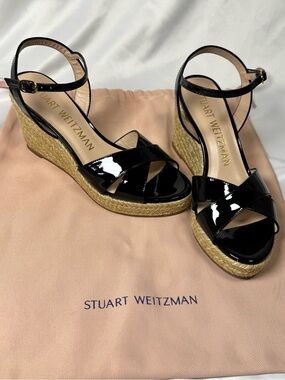Stuart Weitzman Black Patent Leather Espadrille Wedge Sandals 6.5 NWOT